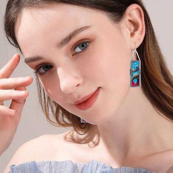Blue Red Handmade Bohemian Tribal Retro Colorful Square Bar Dangle Earrings - Picture 3 of 6